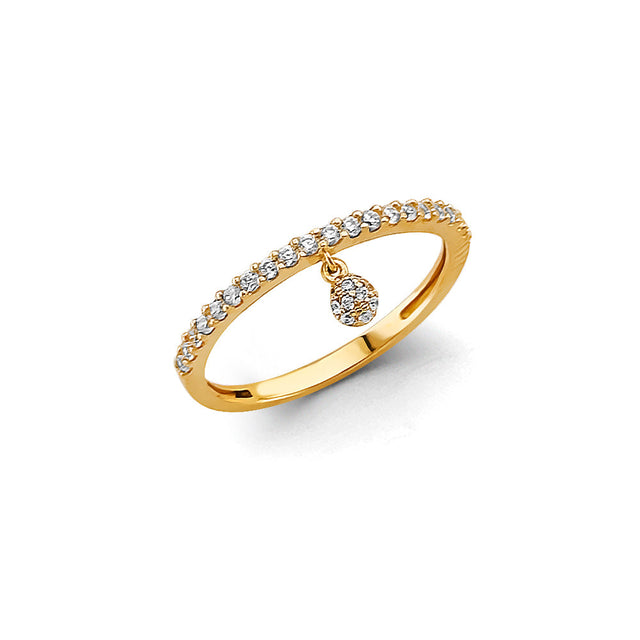 14K Yellow Gold Hanging Bead Drop Cubic Zirconia Ring on White Background