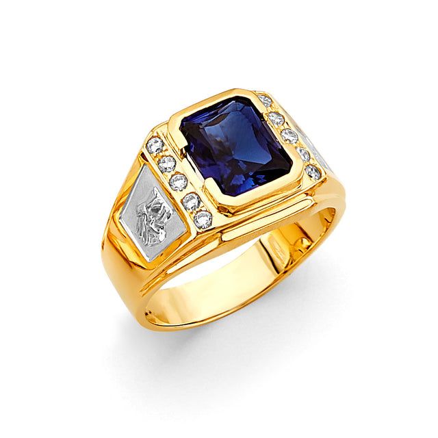 14K Two-Tone Gold Emerald-Cut Blue Halo Men's Ring