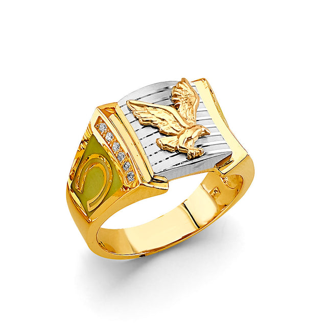 14K Two-Tone Gold Stone-Set Eagle Men's Ring on White Background
