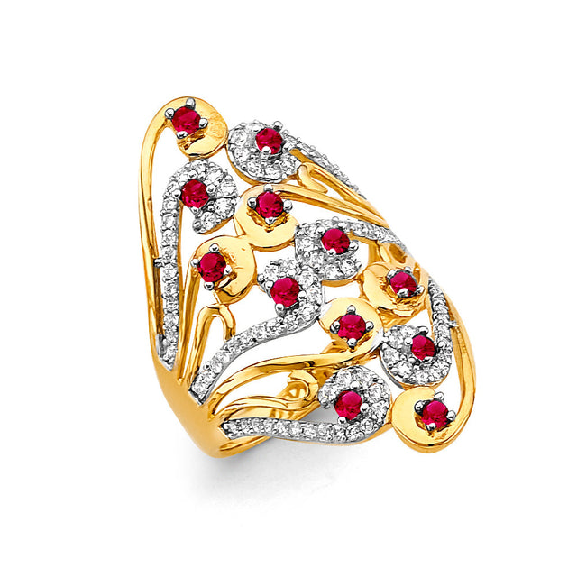14K Yellow Gold Red Floral Statement Ring on White Background