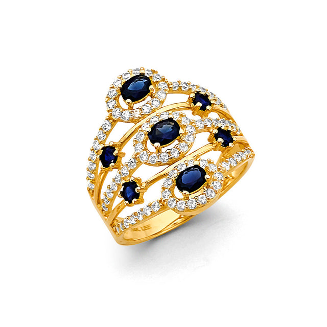 14K Yellow Gold Blue Multi-Row Ring on White Background
