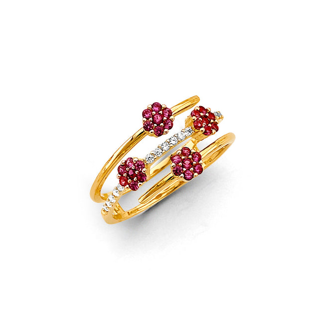 14K Yellow Gold Red Flower Cluster Ring on White Background