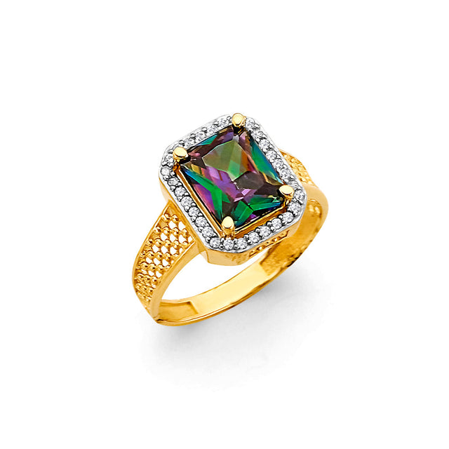 14K Yellow Gold Mystic Topaz Color Halo Cocktail Ring on White Background
