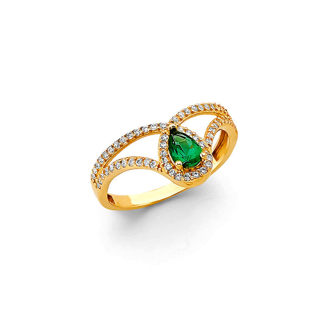 14K Yellow Gold Green Pear Open Halo Ring on White Background