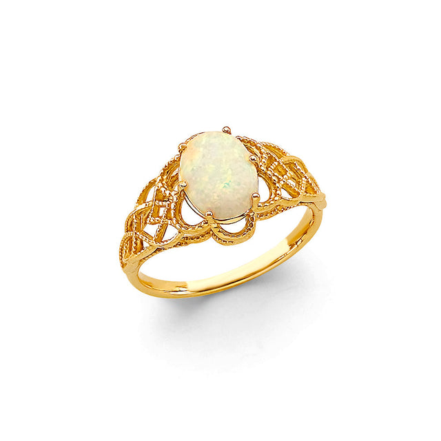 14K Yellow Gold Synthetic Opal Oval Filigree Ring on White Background