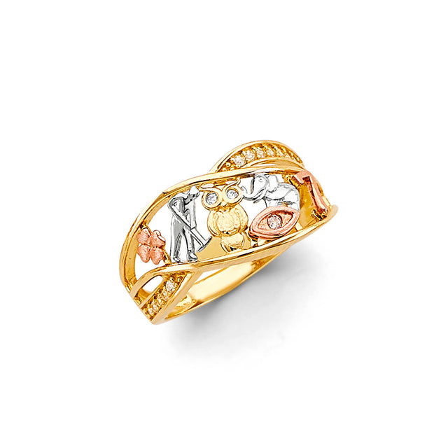 14K Tricolor Gold Owl Lucky Symbols Band Ring on White Background