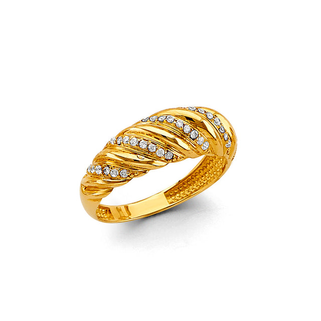 14K Yellow Gold Pave Shrimp Dome Ring on White Background