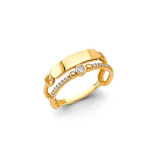 14K Yellow Gold Two-Line Pave Bypass Cubic Zirconia Ring on White Background