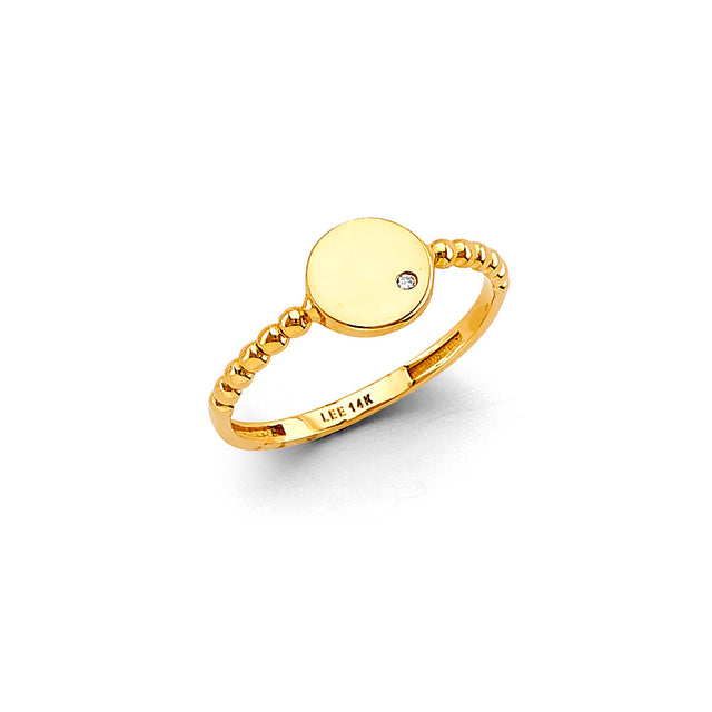 14K Yellow Gold Round Disc Signet Cubic Zirconia Ring on White Background