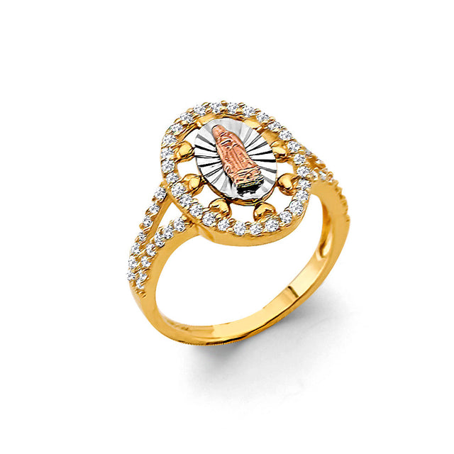 14K Tricolor Gold Halo Our Lady of Guadalupe Ring with Accented Split Shank