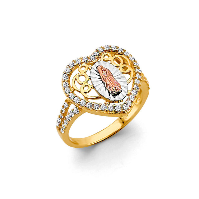 14K Tricolor Gold Heart Halo Our Lady of Guadalupe Ring