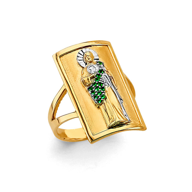 14K Two-Tone Gold Rectangular St. Jude Ring with Green Accents