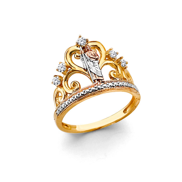 14K Tricolor Gold Scrollwork Crown St. Jude Ring