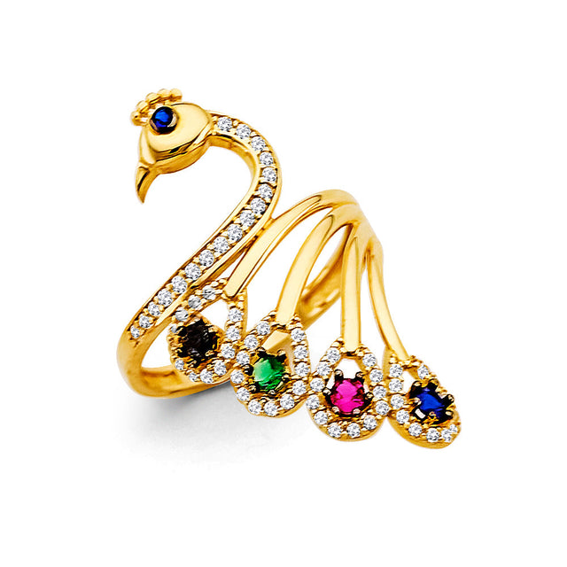 14K Yellow Gold Multicolor Peacock Plume Ring