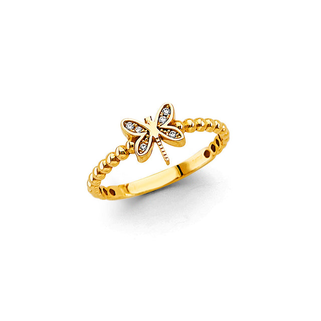 14K Yellow Gold Pavé Dragonfly Beaded Band Ring