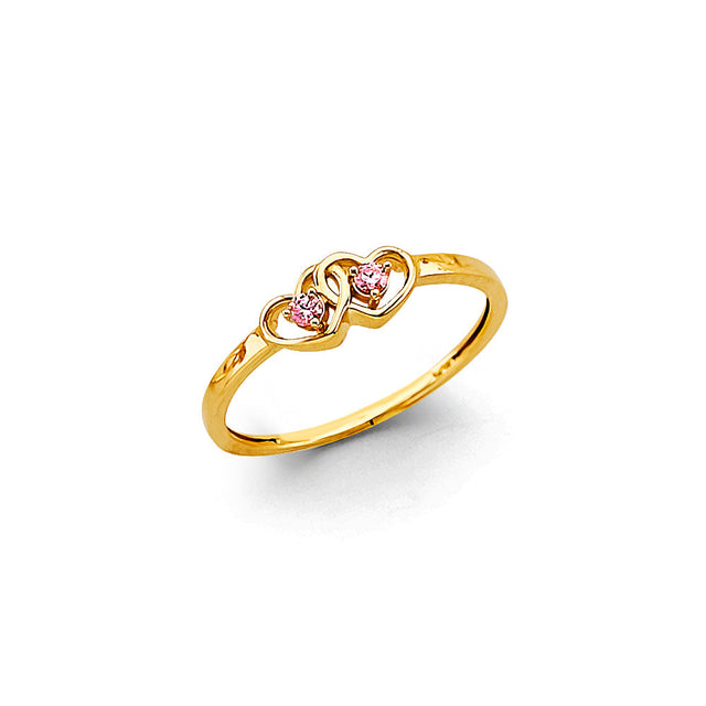 14K Yellow Gold Pink Double Heart Ring