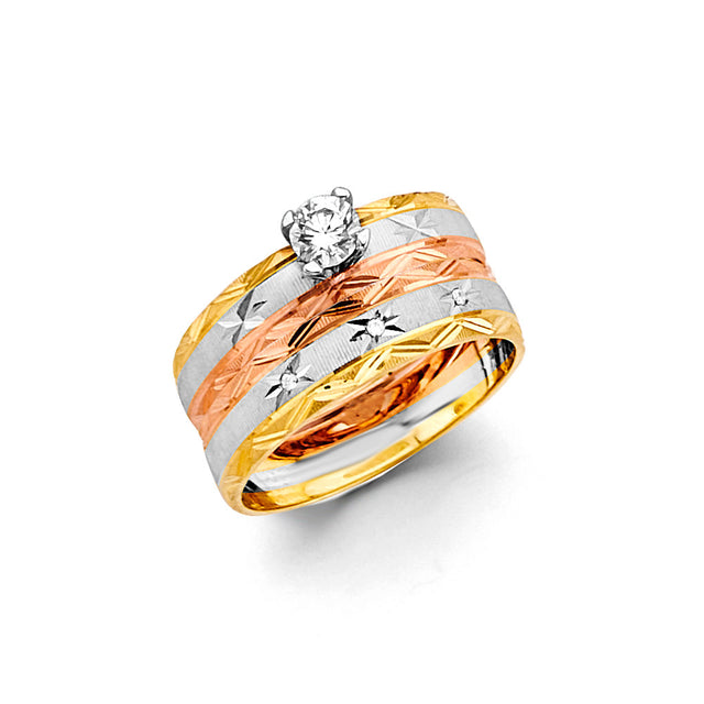 14K Tricolor Gold Braided Wedding Trio Set on White Background