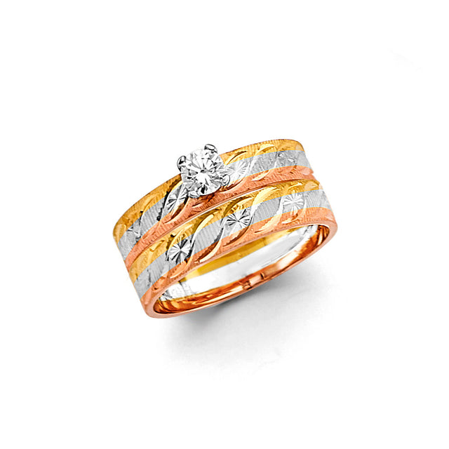 14K Tricolor Gold Wave Wedding Trio Set on White Background