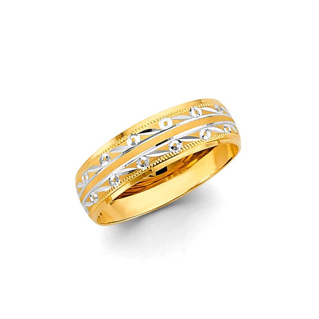 14K Two-Tone Gold Diamond-Cut Wedding Trio Set on White Background