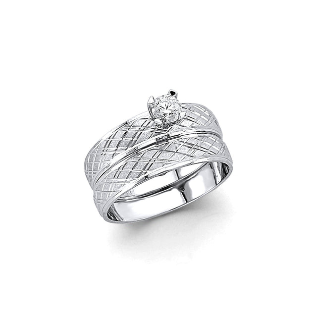 14K White Gold Diamond-Cut Wedding Trio Set on White Background