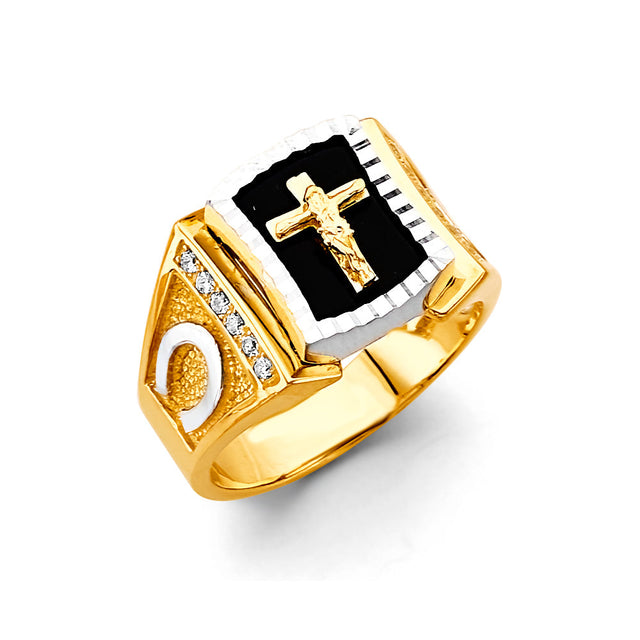 14K Two-Tone Gold Onyx Crucifix Men's Ring on White Background