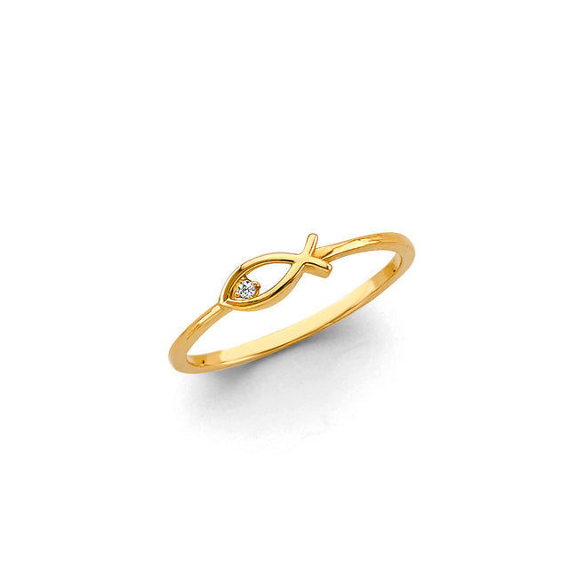 14K Yellow Gold Ichthys Christian Fish Ring on White Background