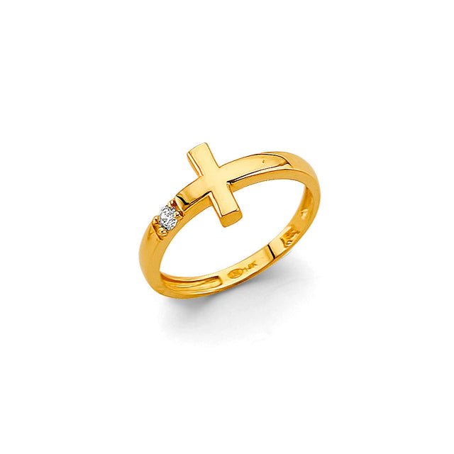 14K Yellow Gold Baby Sideways Cross Ring on White Background