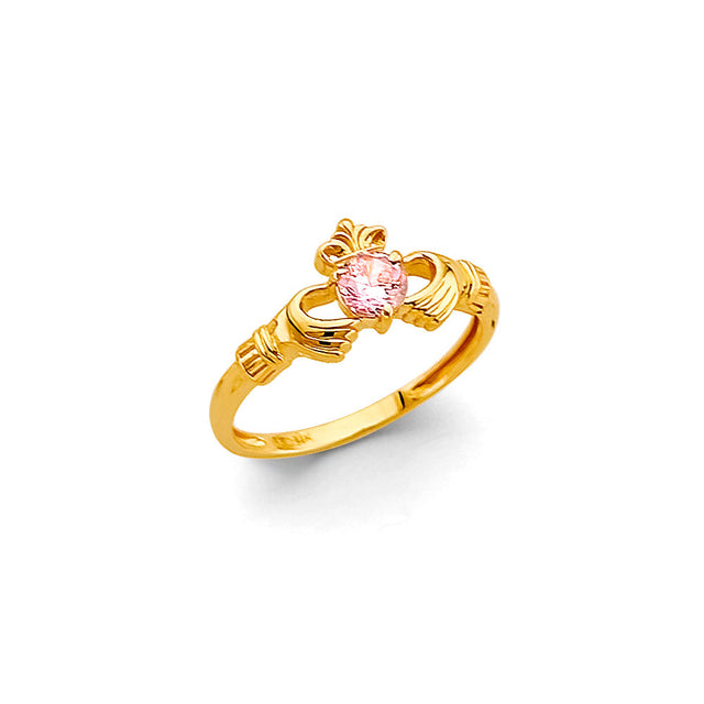 14K Yellow Gold Baby Pink Claddagh Ring on White Background