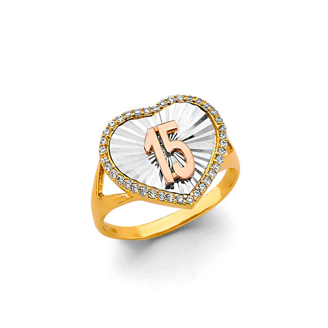 14K Two-Tone Gold Diamond-Cut Heart 15 Años Ring on White Background