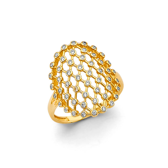 14K Yellow Gold Mesh Dome Ring on White Background