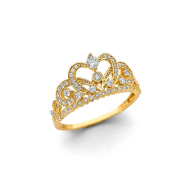 14K Yellow Gold Ornate Tiara Ring on White Background