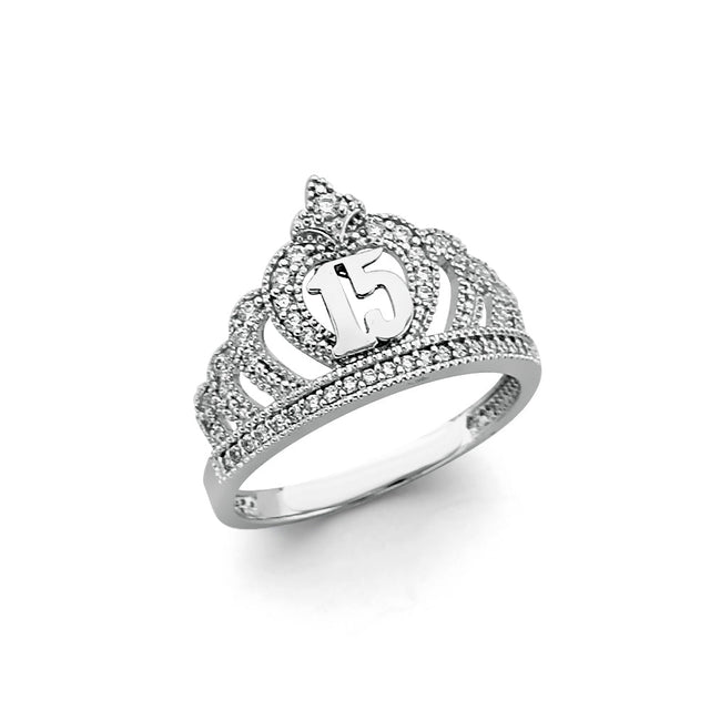 14K White Gold 15 Años Crown Ring on White Background