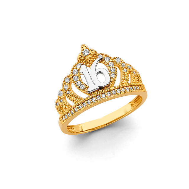 14K Tricolor Gold 16 Años Crown Ring on White Background