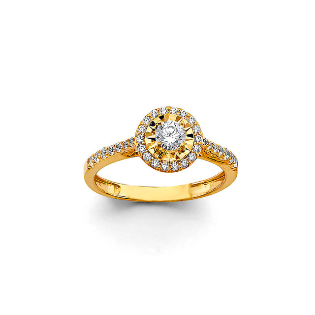 14K Yellow Gold Round Halo Ring on White Background