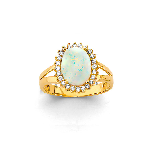 14K Yellow Gold Synthetic Opal Oval Halo Split-Shank Ring on White Background
