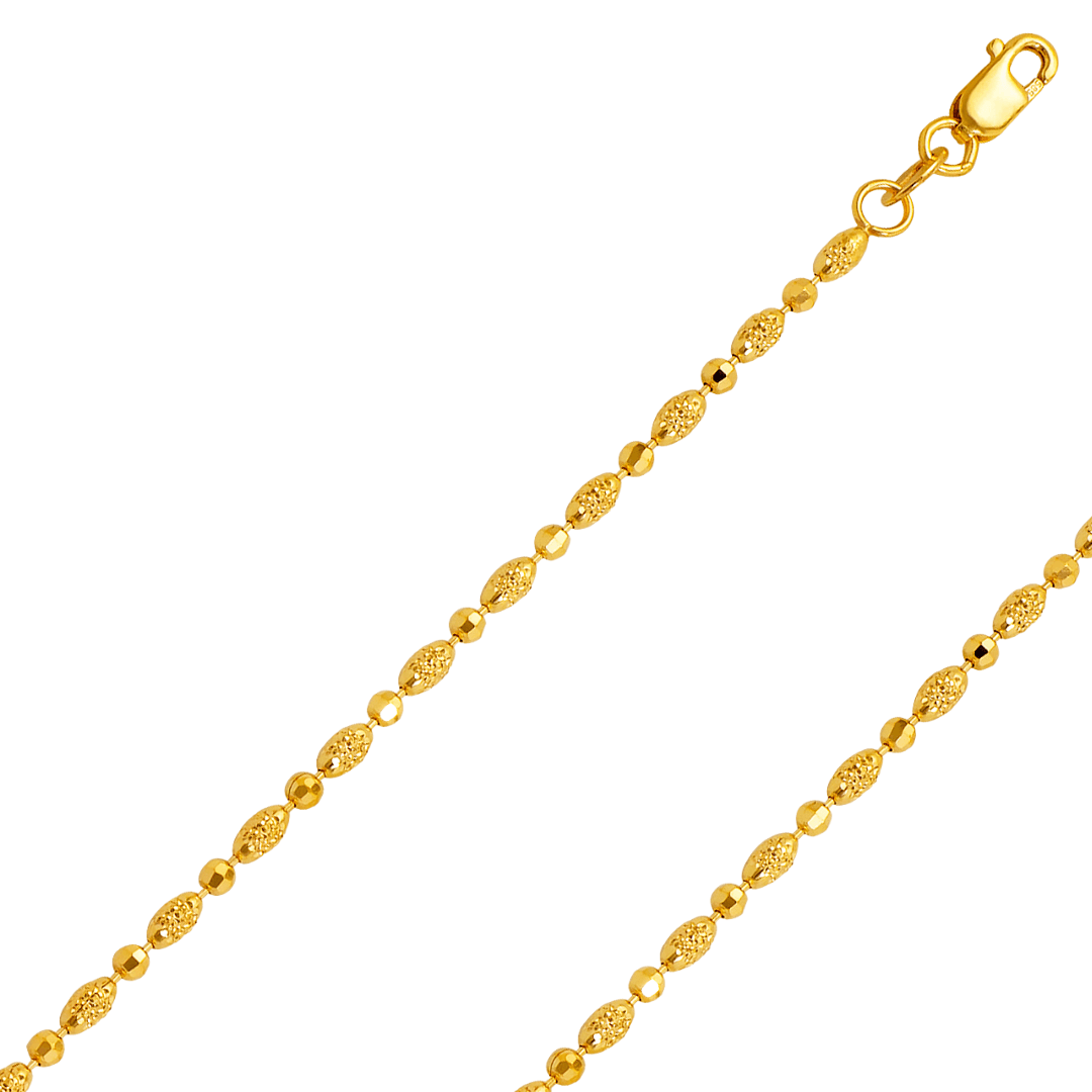 14K gold diamond cut ball bead chain with polished finish and secure lobster clasp.