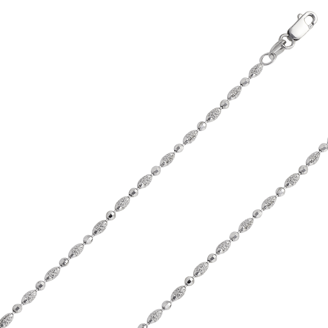 14K gold diamond cut ball bead chain with polished beads and clasp detail.