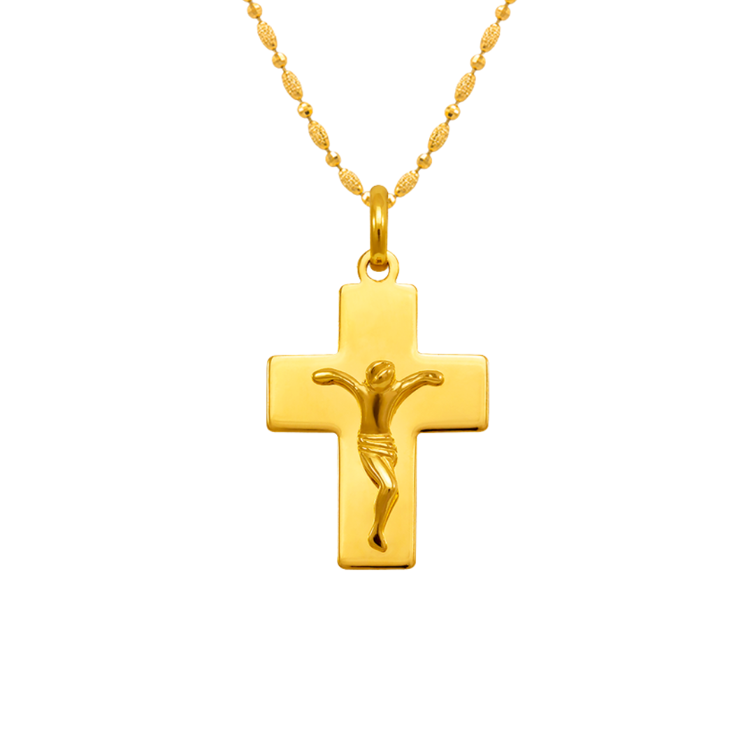 14K Yellow Gold High Polished Cross Jesus Religious Pendant