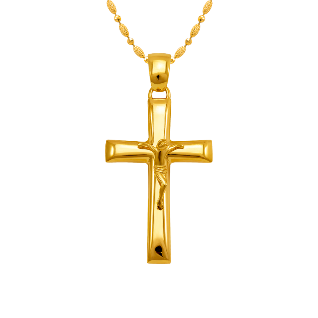 14K Yellow Gold High Polished Cross Jesus Religious Pendant