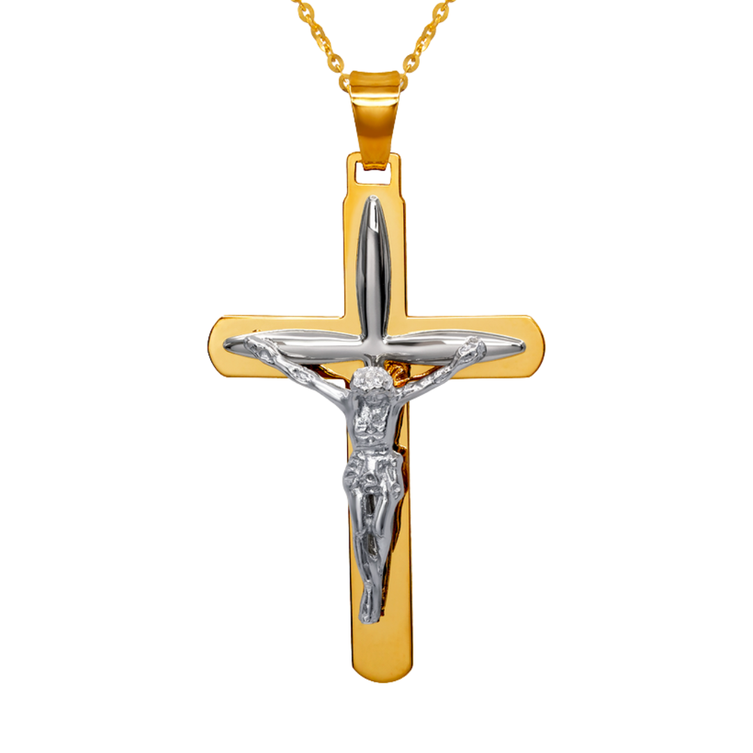 14K Two-Tone Gold High Polished Crucifix Cross Religious Pendant