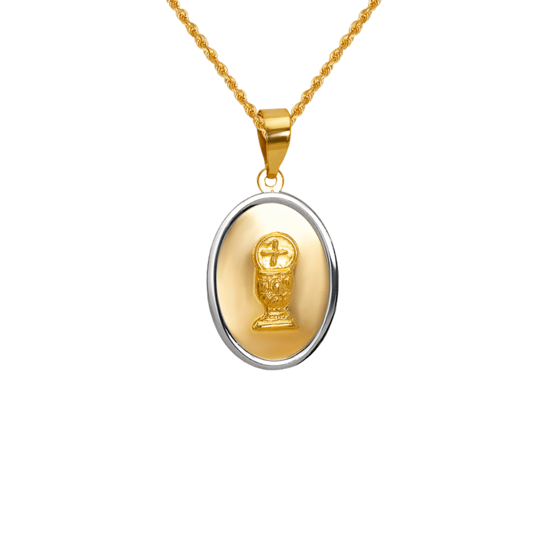 14k two-tone gold communion pendant featuring a chalice design in high polished finish.