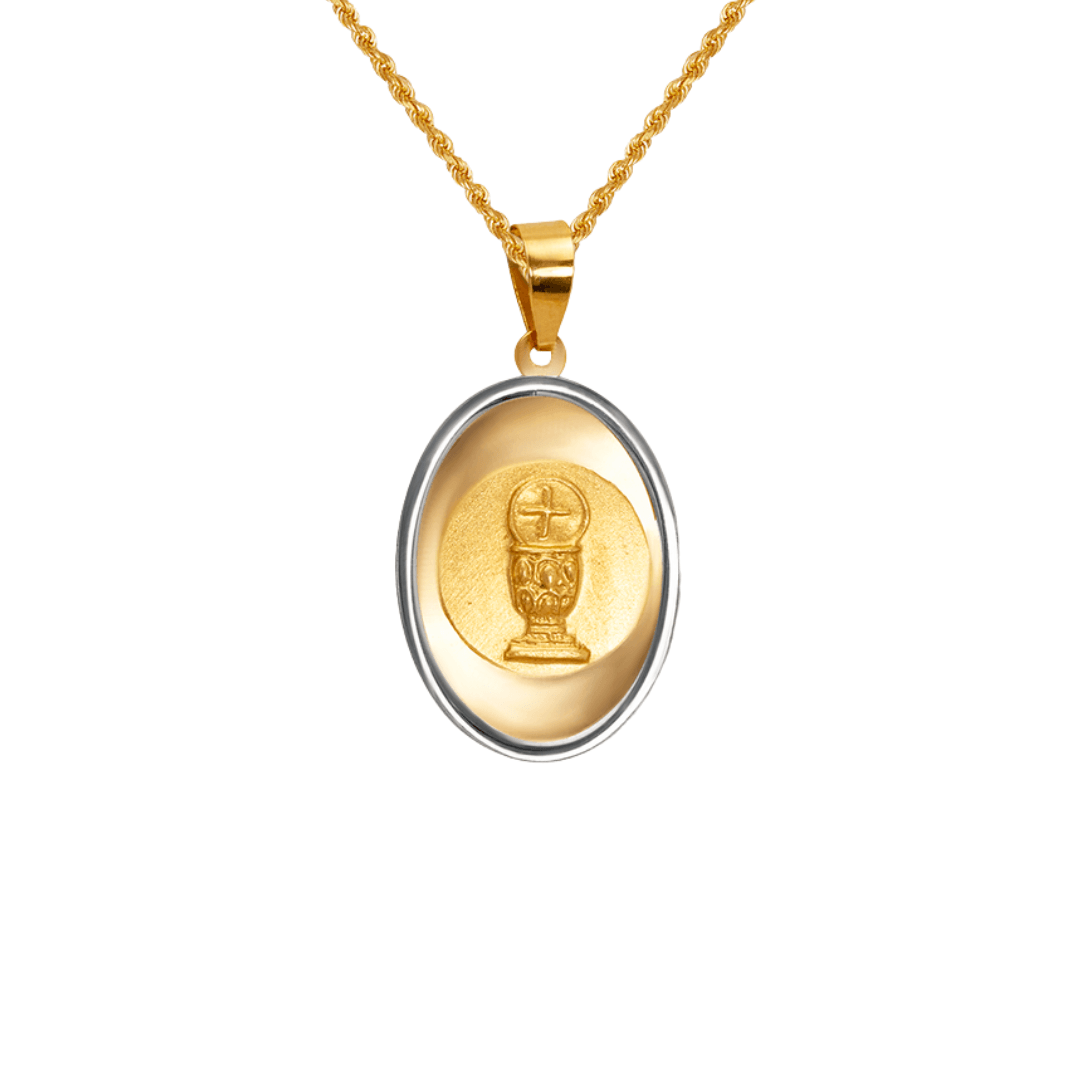14k two-tone gold communion pendant featuring a polished satin finished chalice design, perfect for religious occasions.