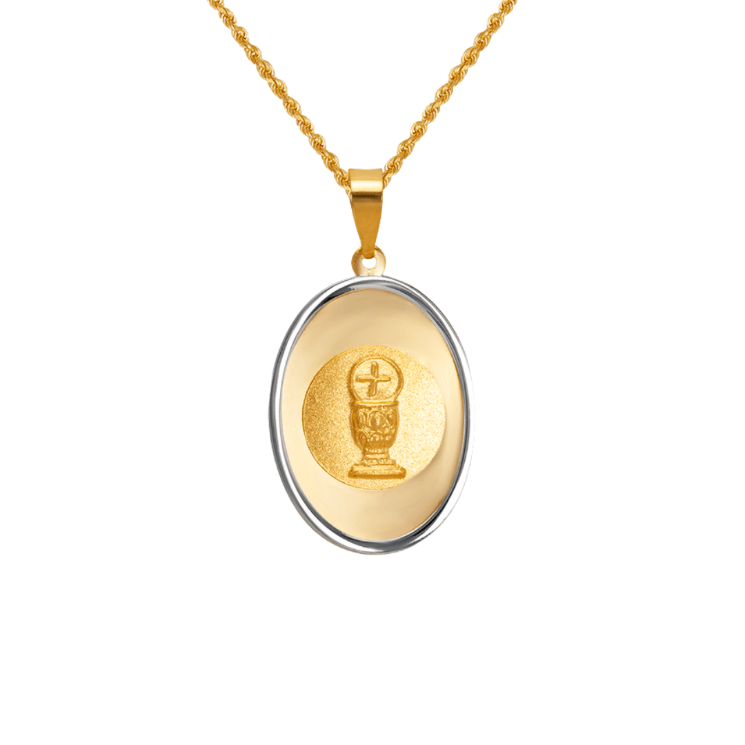 14k two-tone gold communion pendant on a gold chain featuring a religious chalice design.