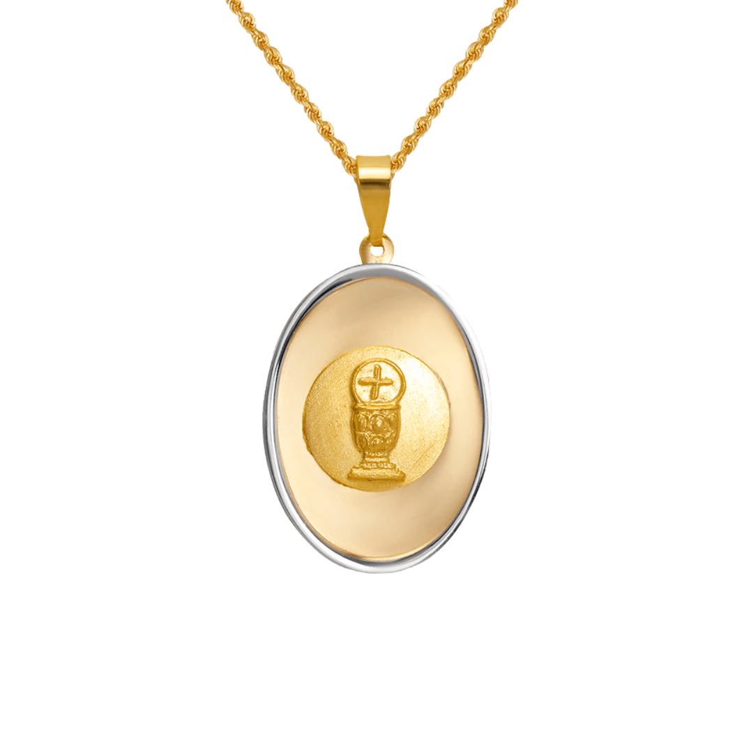 14K two-tone gold communion pendant with a religious symbol, high polished and satin finished.