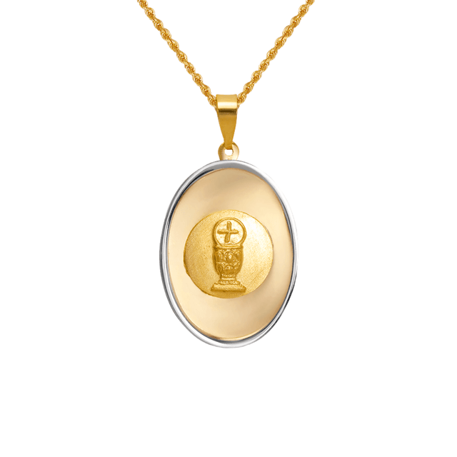 14K two-tone gold communion pendant with a religious symbol, high polished and satin finished.