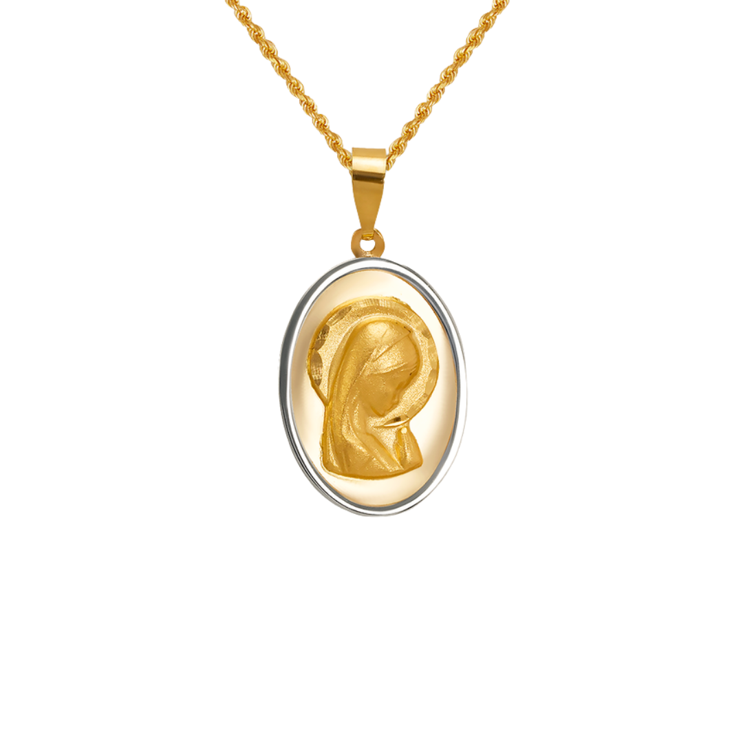 14K Two Tone Gold High Polished/Satin Finished Virgin Mary Religious Pendant