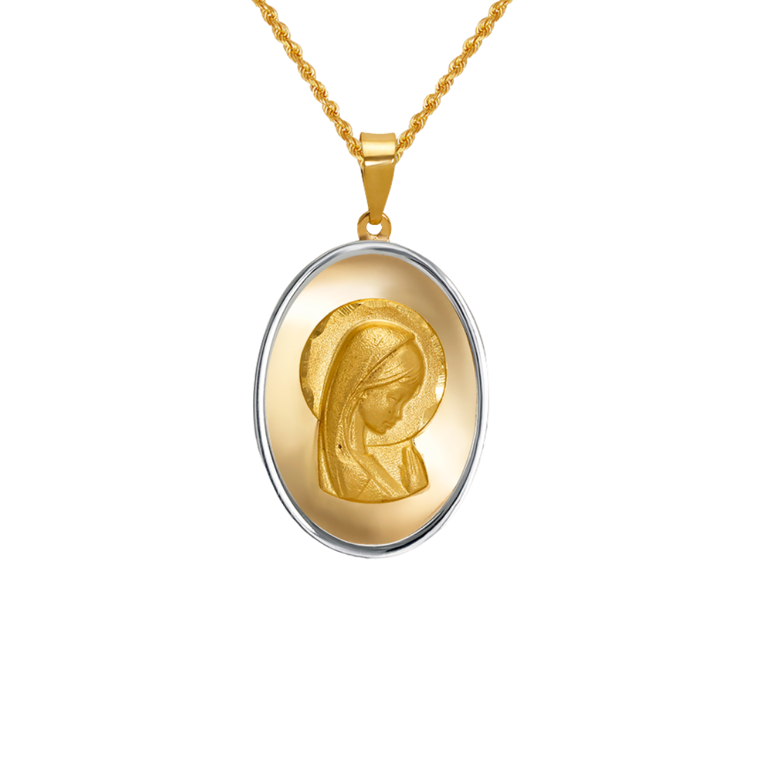 14K Two Tone Gold High Polished/Satin Finished Virgin Mary Religious Pendant