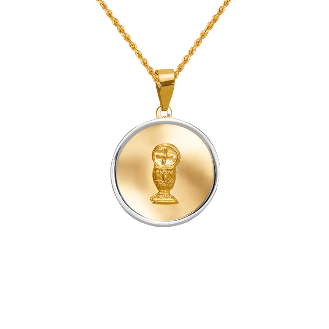 14K two-tone gold communion pendant on a gold chain featuring a chalice design.