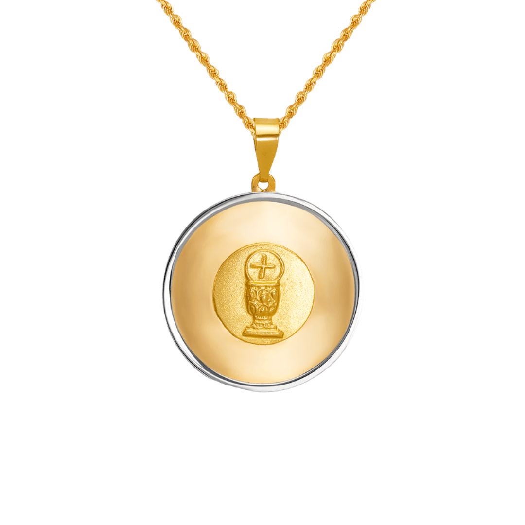 14K two-tone gold communion pendant featuring a chalice and cross design, beautifully crafted and polished.