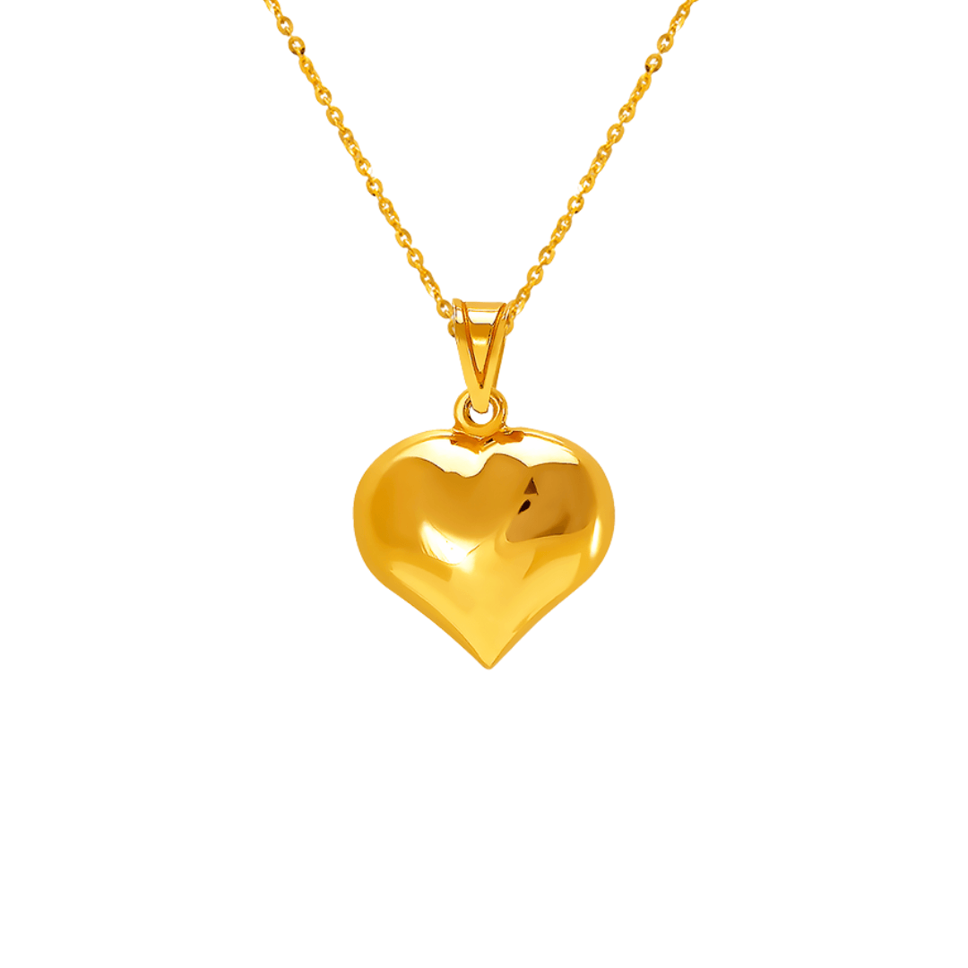 14K yellow gold heart puff pendant on a delicate chain, featuring a polished hollow heart design.